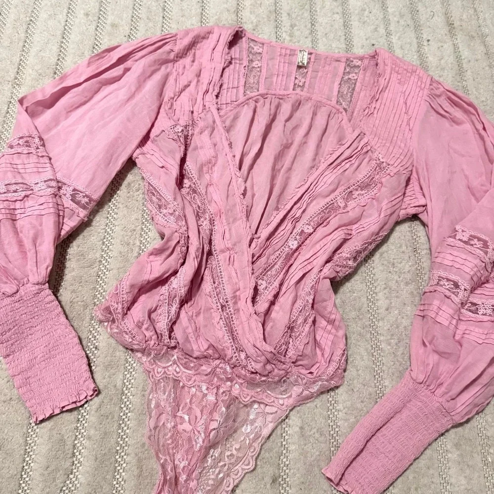 Free People Pink Smocked lace Bodysuit size XL Sage Boho Fairy Feminine Cottage